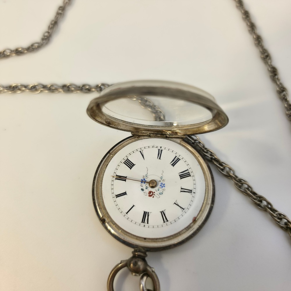 Pocket Watch OS Silver Good Antique Floral Key Wind Chain missing hand - Picture 5 of 9